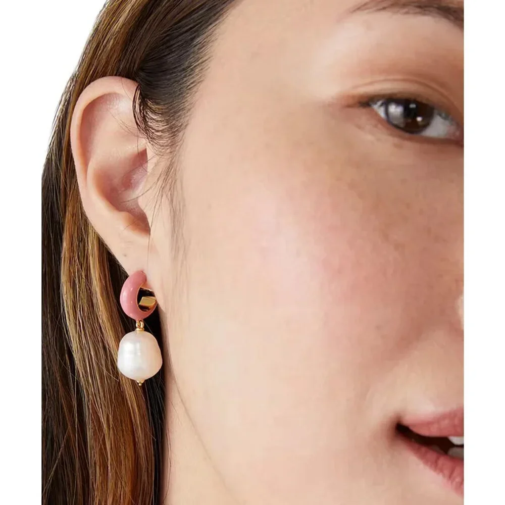 NWT Kate Spade Candy‎ Pearl Drop Enamel Huggie Earrings Pink Cream Gold